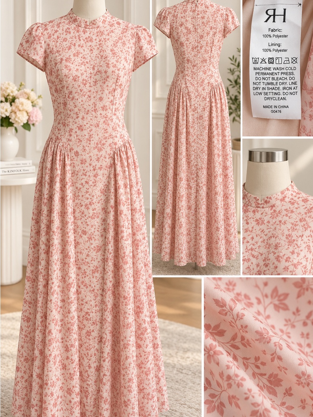 RIHOAS Blush Pink Floral High-Neck Maxi Dress